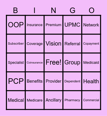 Health Insurance Bingo Card