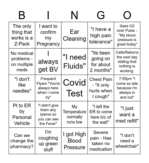 Urgent Care Bingo Card