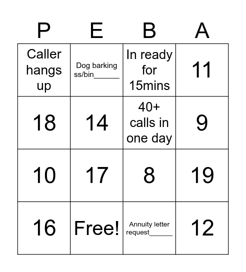 PEBA Bingo Card