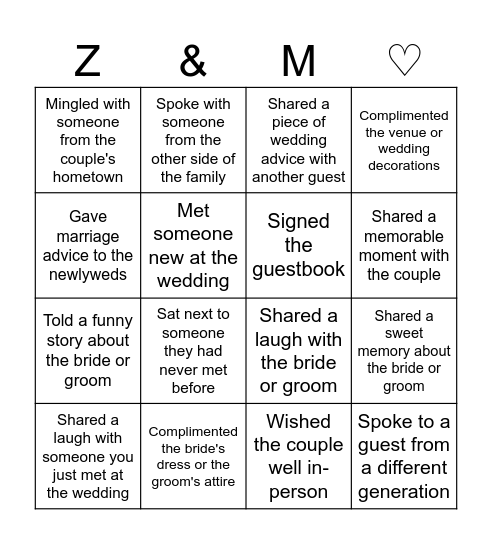 Wedding Bingo Card