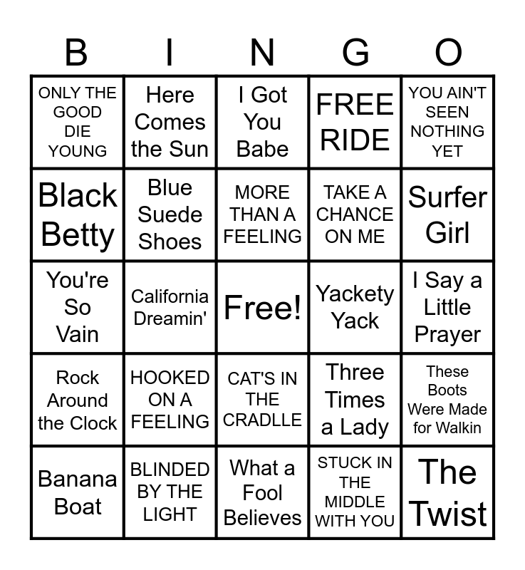 Musical Decades: 50s, 60s, 70s Bingo Card