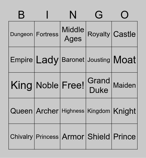 Castle Bingo Card