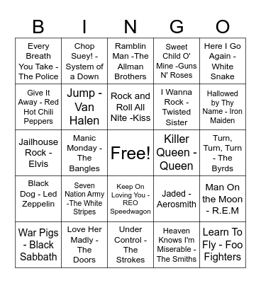 Rock Through the Decades Bingo Card