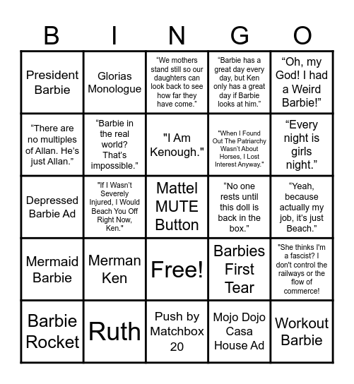 Barbie Movie Bingo Card