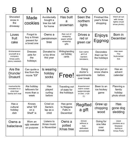 RDS Winter Bingo Card