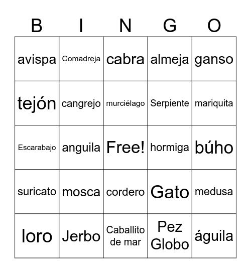 ANIMALS! Spanish Vocabulary Bingo Card