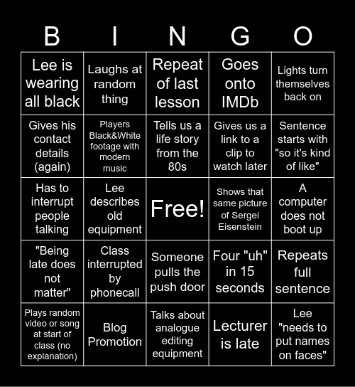 Wednesday Classes Bingo Card