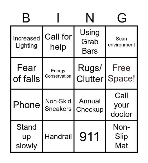 Falls Prevention Bingo Card