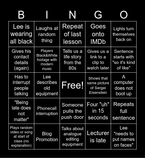 Wednesday Classes Bingo Card