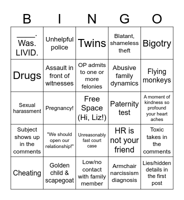 Reddit Story Bingo Card