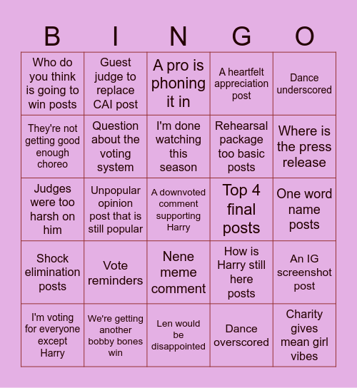 Dancing with the Stars Bingo Card