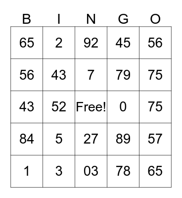 Number Bingo Card