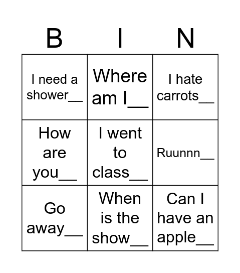 Boundary Punctuation Bingo Card