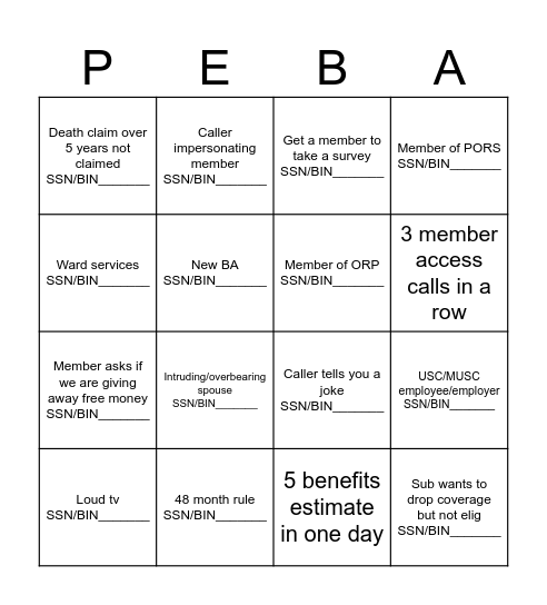 PEBA Bingo Card