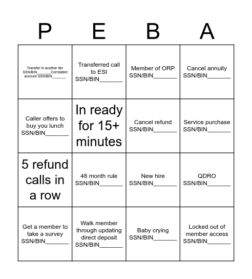 PEBA Bingo Card