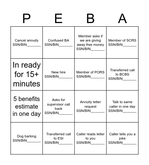 PEBA Bingo Card