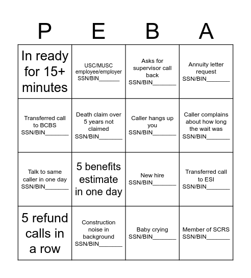 PEBA BINGO Card