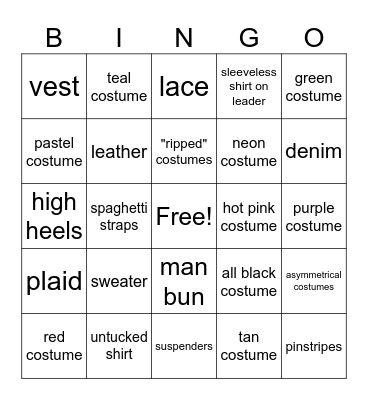 US Open Costume Bingo Card