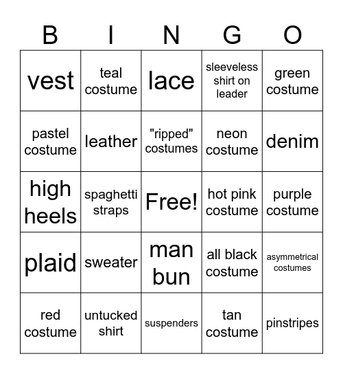 US Open Costume Bingo Card