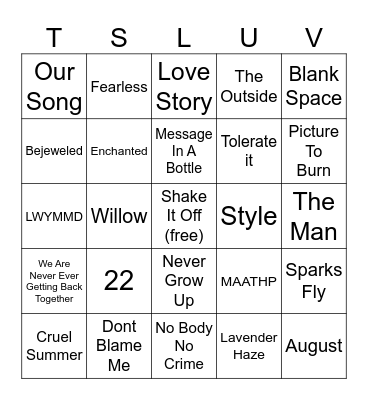 Tay Tay Songs Bingo Card