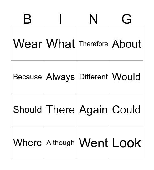 Sight Words Bingo Card