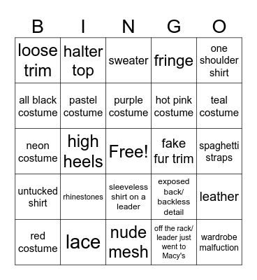 US Open Costume Bingo Card