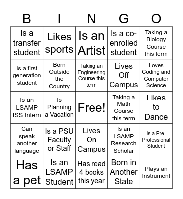 LSAMP Networking Bingo Card
