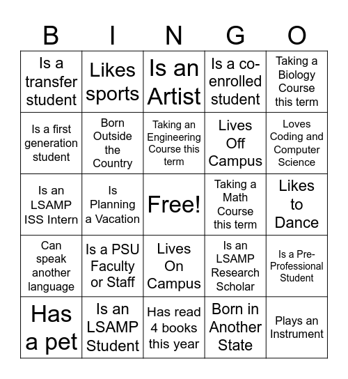 LSAMP Networking Bingo Card