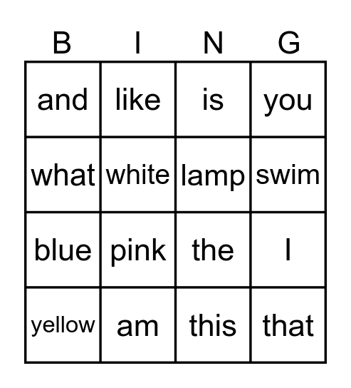 sight words Bingo Card