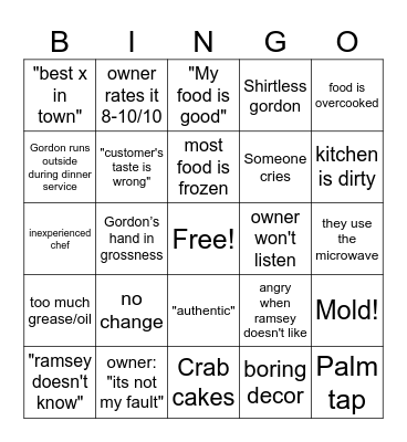 Kitchen Nightmares Bingo Card
