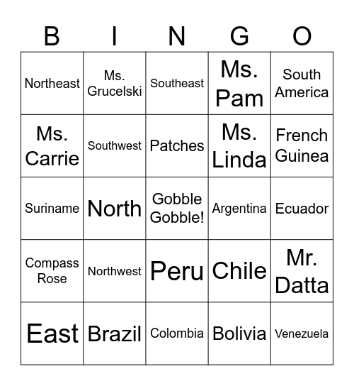 Directions Bingo Card