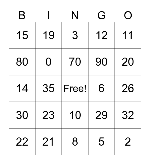 Numbers Bingo Card