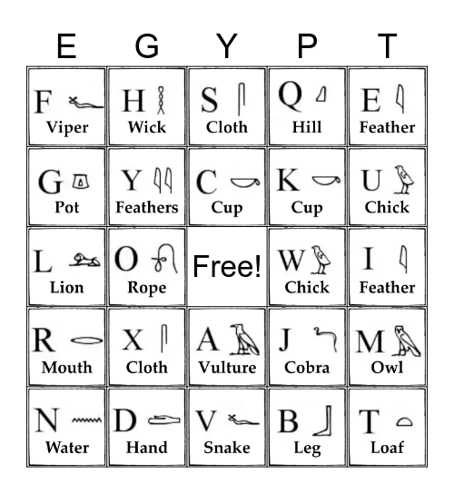 Egyptian Heiroglyphs Bingo Card