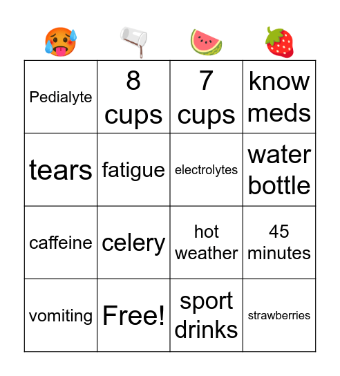 Dehydraion Bingo Card