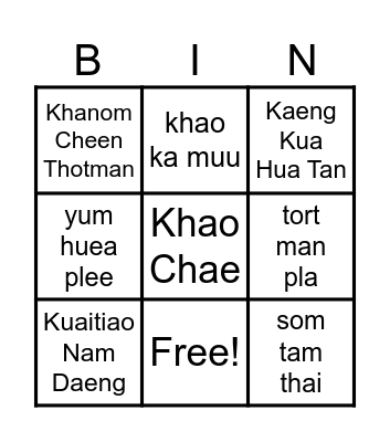 thai food Bingo Card