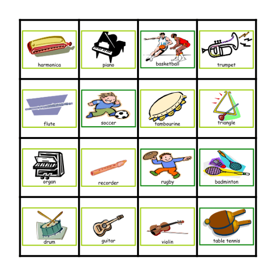 Can You Play (the) ___? (Instruments and Sports) Bingo Card