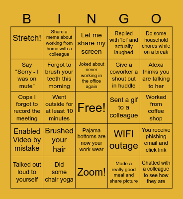 Remote Work Bingo Card