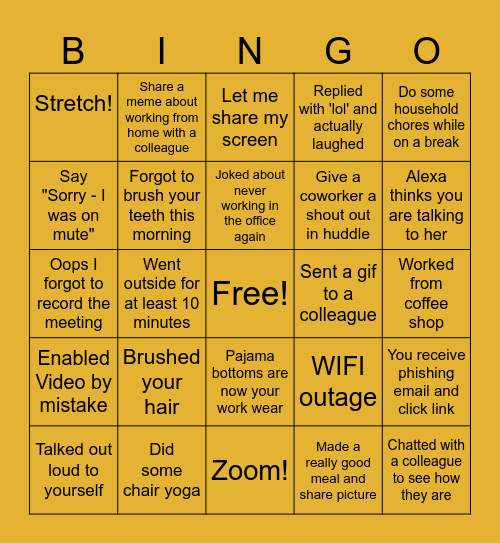 Remote Work Bingo Card