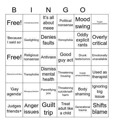 Insane Parent/s Bingo Card