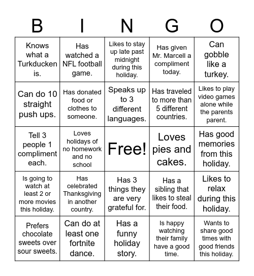 Thanksgiving Bingo Card