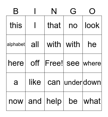 Sight Words Bingo Card