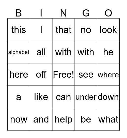 Sight Words Bingo Card