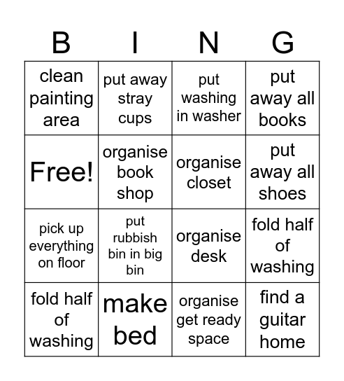 room cleaning Bingo Card