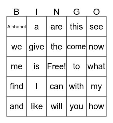 Sight Words Bingo Card