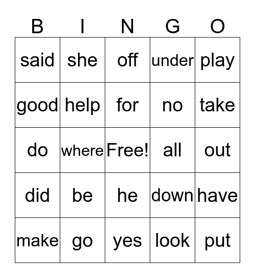 Sight Words Bingo Card