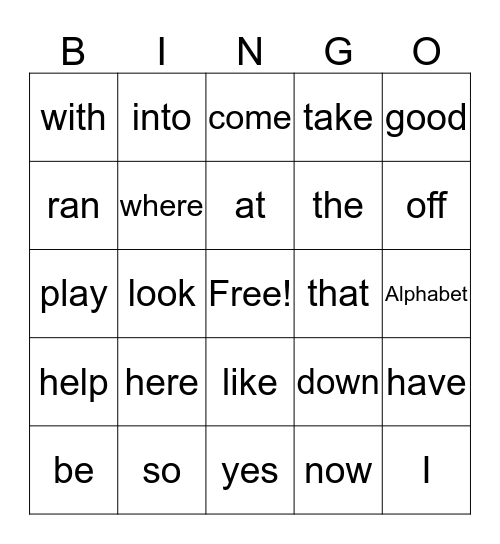 Sight Words Bingo Card