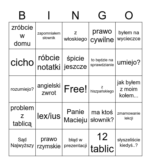 Łacina bingo Card