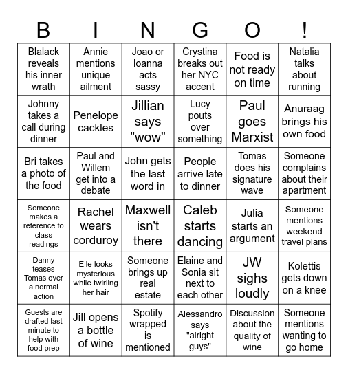 Blalack Dinner Bingo! Bingo Card