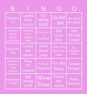 Diane's Retirement Bingo Card