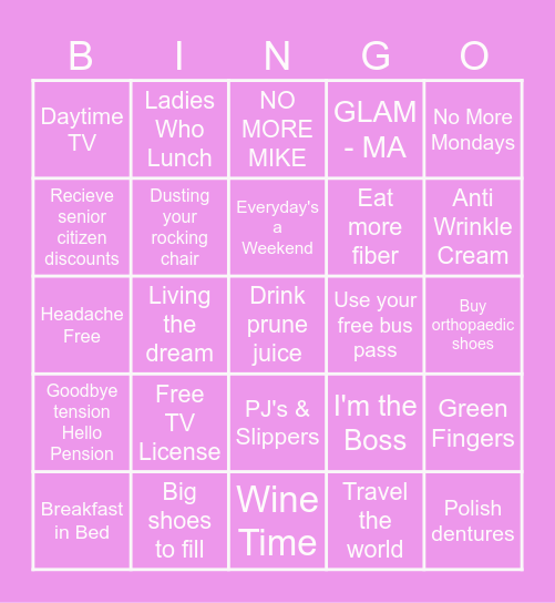 Diane's Retirement Bingo Card